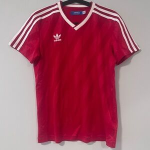 adidas originals Menβs Red VβNeck Trefoil Shirt with White Stripes